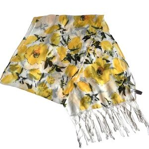 Miss Nikky Scarf Floral Yellow Flowers Rectangle Fringe White Green Yellow Lemon